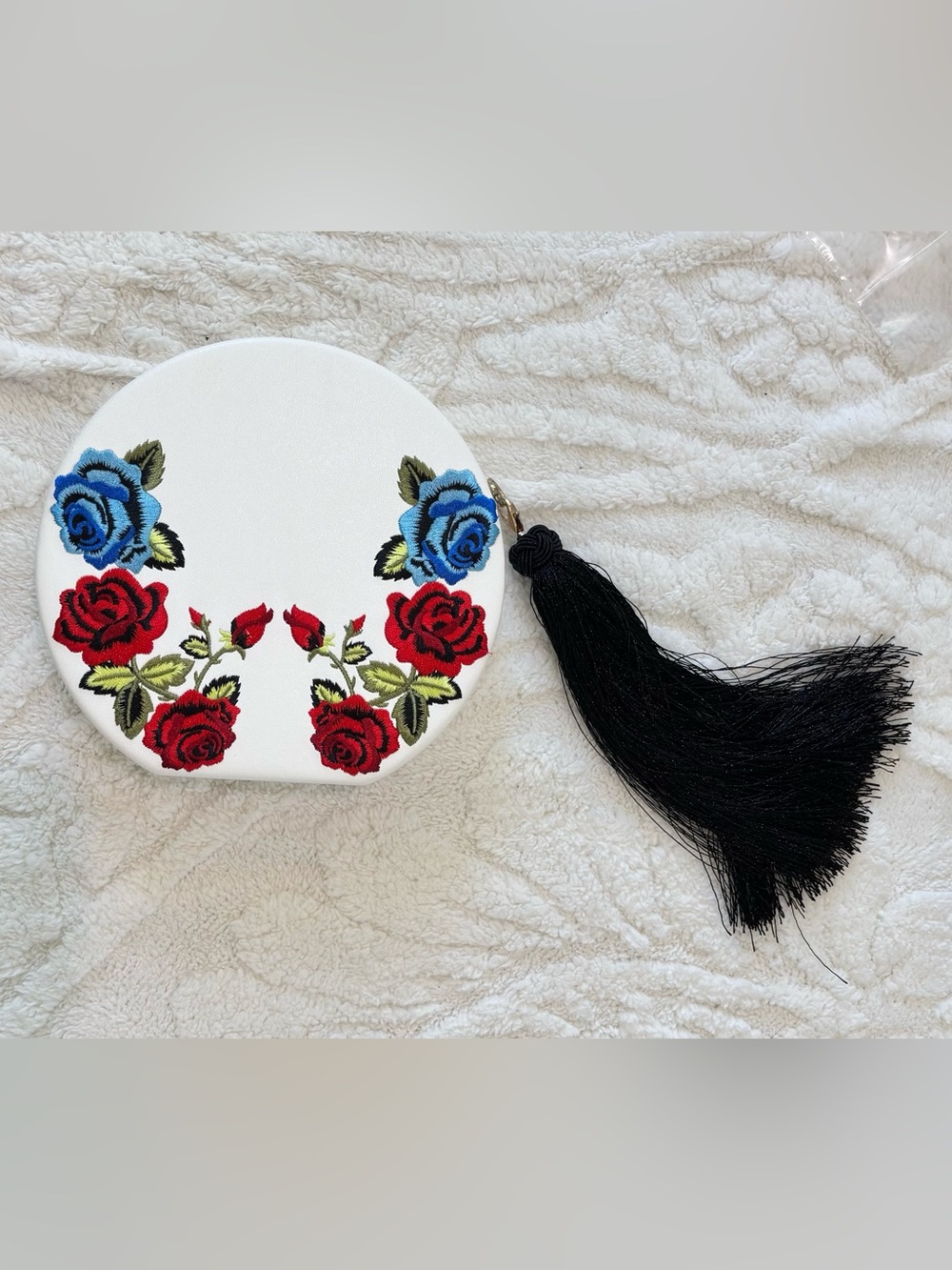 Floral Embroidered White Round Crossbody Bag Removable Chain with Black Tassel